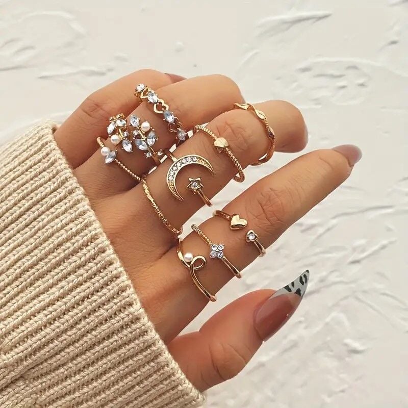 çoklu kombin 10 adet eklem incili yüzük seti   adet incili eklem yüzük set -044