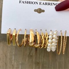 6 adet çift halka klipsli incili kombin küpe seti gümüş renk kadın küpe seti(Kopya)