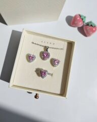 KARARMAZ ÇELİK PEMBE KALP KOLYE KÜPE VE YÜZÜK SETİ KOMBİN KADIN TAKI SETİ CİDDİ İLİŞKİ  YÜZÜĞÜ