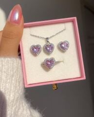 KARARMAZ ÇELİK PEMBE KALP KOLYE KÜPE VE YÜZÜK SETİ KOMBİN KADIN TAKI SETİ CİDDİ İLİŞKİ  YÜZÜĞÜ