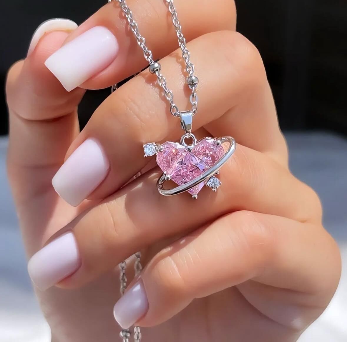 KARARMAZ ÇELİK PEMBE KALP KOLYE  özel tasarım  zirkon pembe kalp çelik kolye
