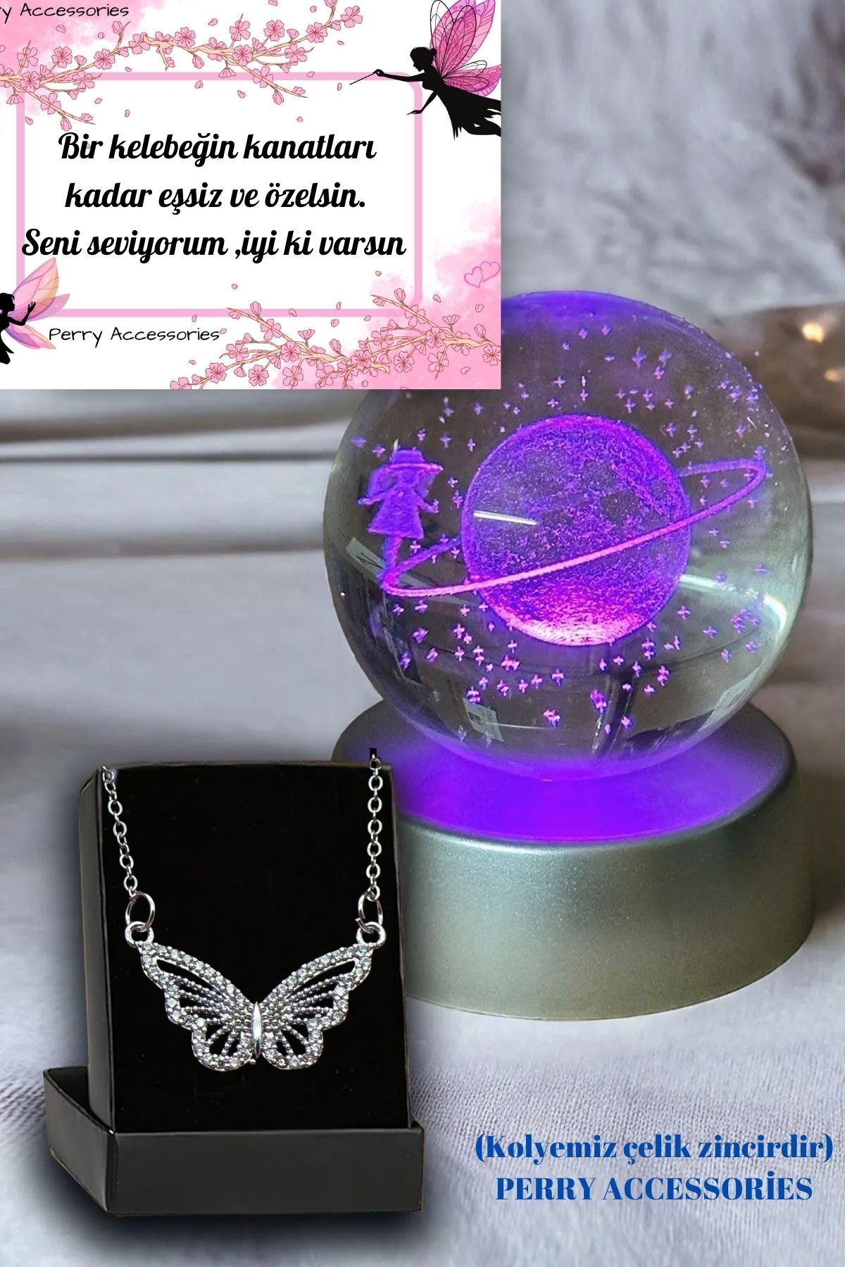 kararmaz çelik kelebek kolye ve 3d satürn kız kar küresi hediyelik seti kombin hediye seti(Kopya)
