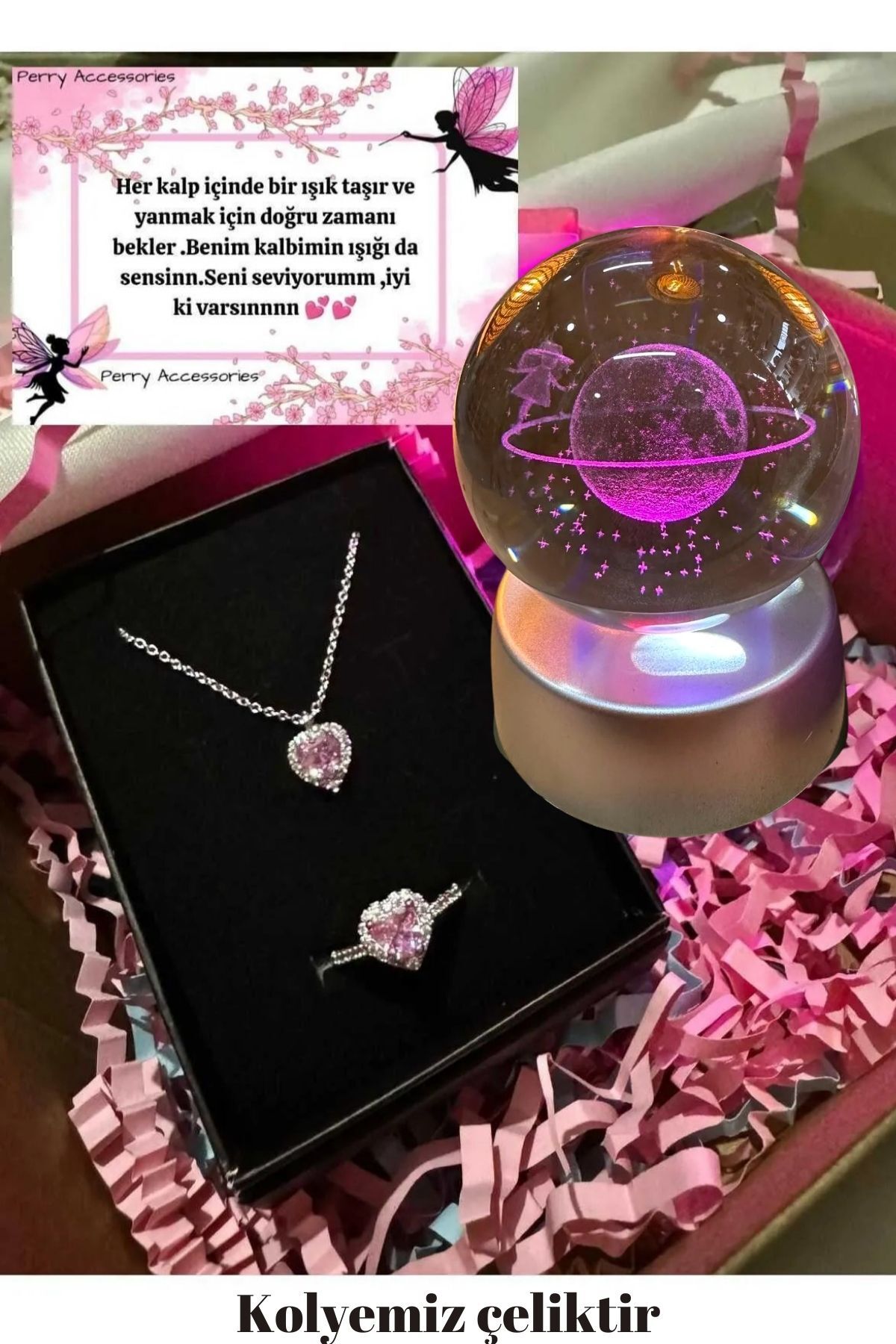 kararmaz çelik pembe kalp kolye yüzük seti  ve 3d satürn kız kar küresi hediyelik seti kombin hediye seti