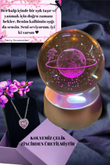 kararmaz çelik pembe kalp kolye  seti  ve 3d satürn kız kar küresi hediyelik seti kombin hediye seti(Kopya)