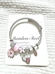 kararmaz çelik pembe kalp kolye  çelik pandora  charmlı bileklik ve ayıcıklı hediye seti sevgiliye hediye