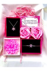 kararmaz çelik pembe lotus kolye,bileklik ,mum ve kokulu pembe gül hediye sepeti sevgiliye set