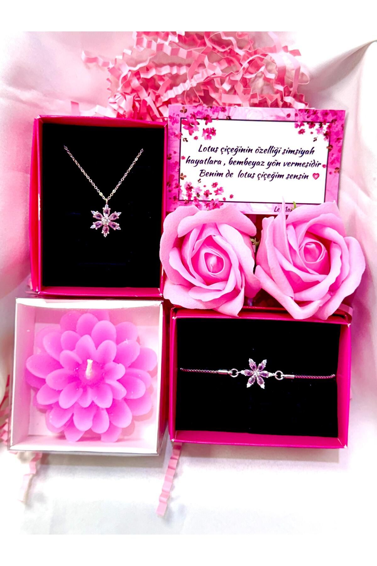 kararmaz çelik pembe lotus kolye,bileklik ,mum ve kokulu pembe gül hediye sepeti sevgiliye set