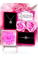 kararmaz çelik pembe lotus kolye,bileklik ,mum ve kokulu pembe gül hediye sepeti sevgiliye set