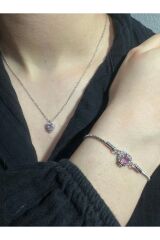 kararmaz çelik pembe kalp kolye bileklik lotus mum ve kokulu gül hediye sepeti sevgiliye hediye set