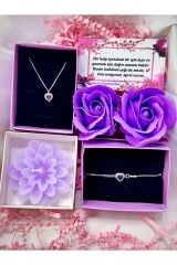 kararmaz çelik mor kalp kolye bileklik lotus mum ve kokulu gül hediye sepeti anneler günü hediye set