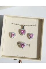KARARMAZ ÇELİK PEMBE KALP KOLYE KÜPE YÜZÜK SETİ VE 3D SATÜRN KIZ KAR KÜRESİ LOVE HEDİYE SETİ