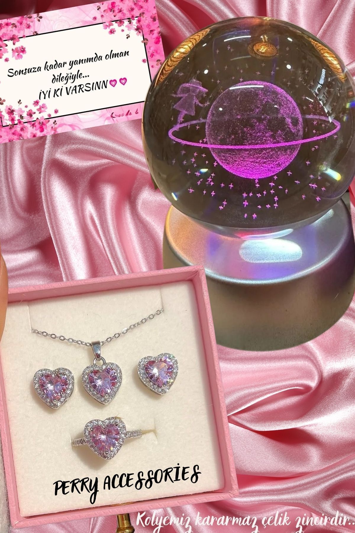KARARMAZ ÇELİK PEMBE KALP KOLYE KÜPE YÜZÜK SETİ VE 3D SATÜRN KIZ KAR KÜRESİ LOVE HEDİYE SETİ