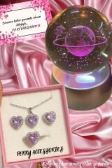 KARARMAZ ÇELİK PEMBE KALP KOLYE KÜPE YÜZÜK SETİ VE 3D SATÜRN KIZ KAR KÜRESİ LOVE HEDİYE SETİ