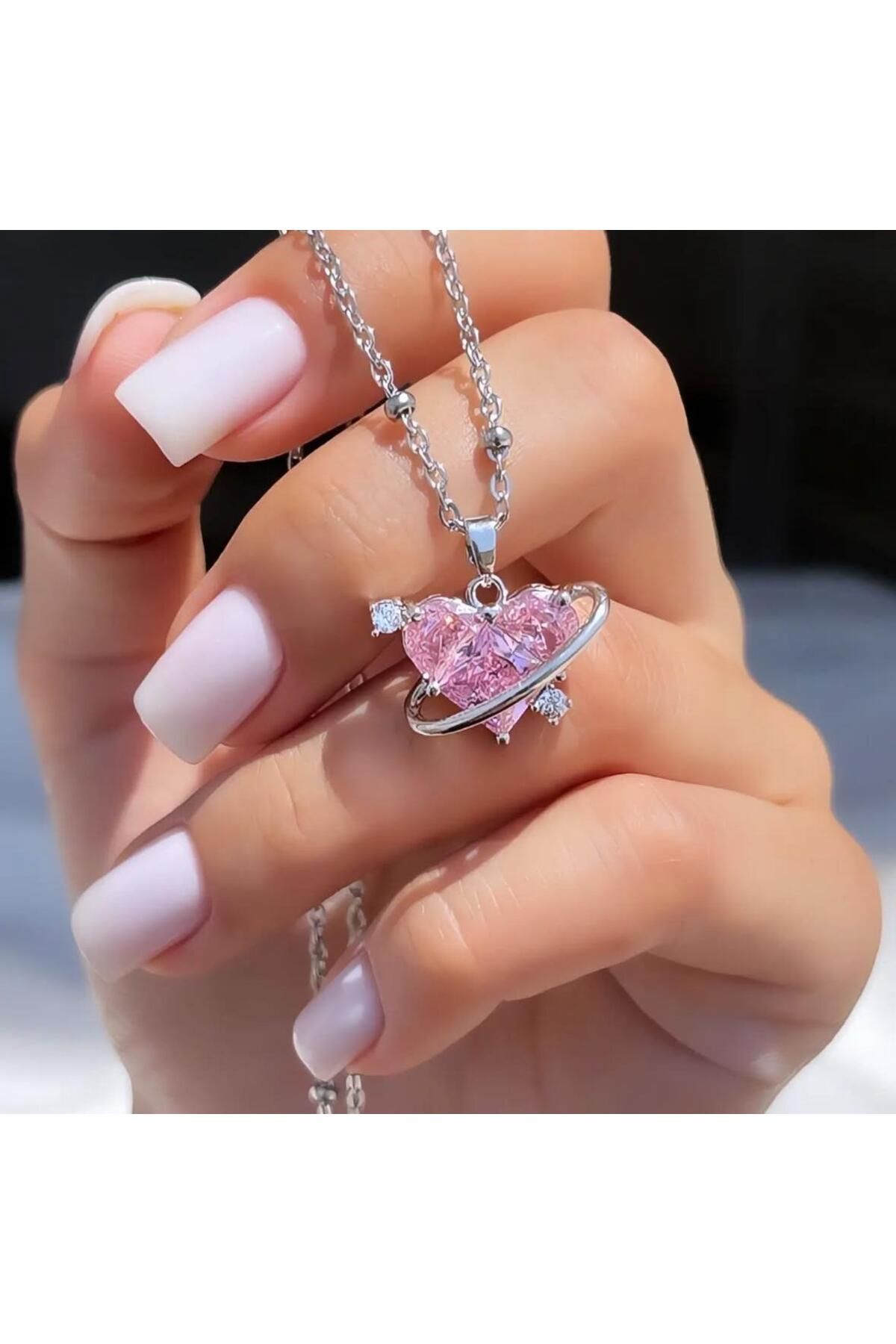 KARARMAZ ÇELİK PEMBE ZİRKON KALP KOLYE HALKA DETAYLI ÖZEL TASARIM KOLYE