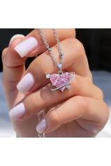 KARARMAZ ÇELİK PEMBE ZİRKON KALP KOLYE HALKA DETAYLI ÖZEL TASARIM KOLYE