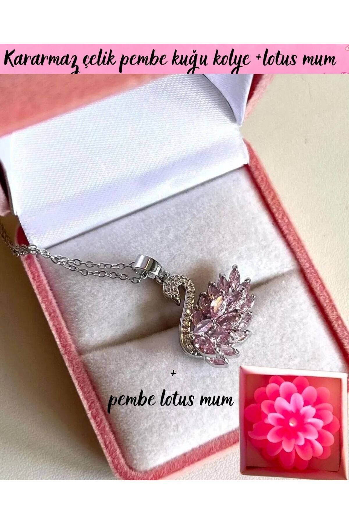 kararmaz çelik pembe zirkon taş kuğu kolye ve pembe lotus mum özel hediye sepeti