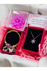 kararmaz çelik pembe lotus kolye,çelik bileklik ve pembe lotus mum hediye seti anneler günü set