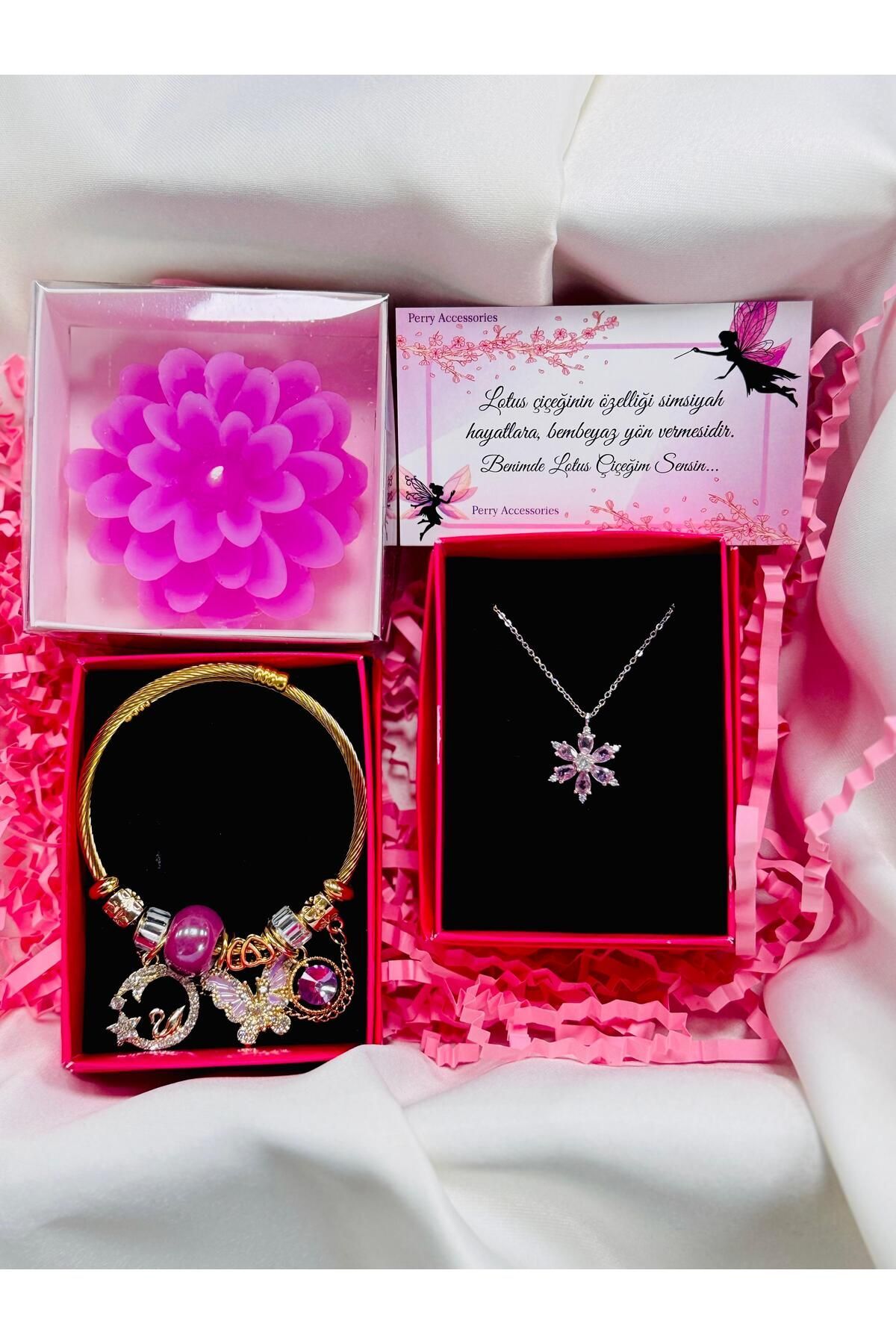 kararmaz çelik pembe lotus kolye,çelik bileklik ve pembe lotus mum hediye seti anneler günü set