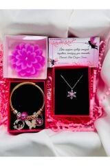 kararmaz çelik pembe lotus kolye,çelik bileklik ve pembe lotus mum hediye seti anneler günü set