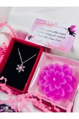 kararmaz çelik pembe lotus kolye ve pembe lotus mum hediye seti anneler günü set