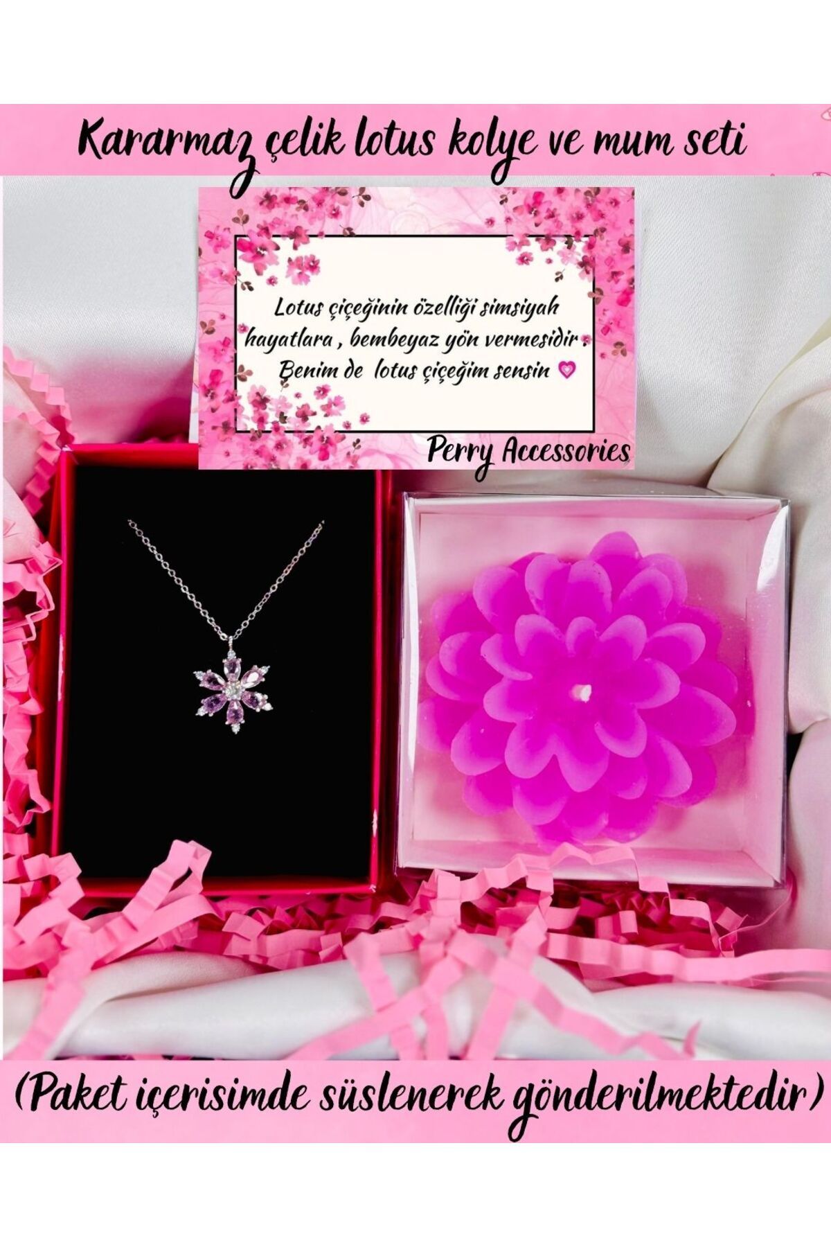 kararmaz çelik pembe lotus kolye ve pembe lotus mum hediye seti anneler günü set