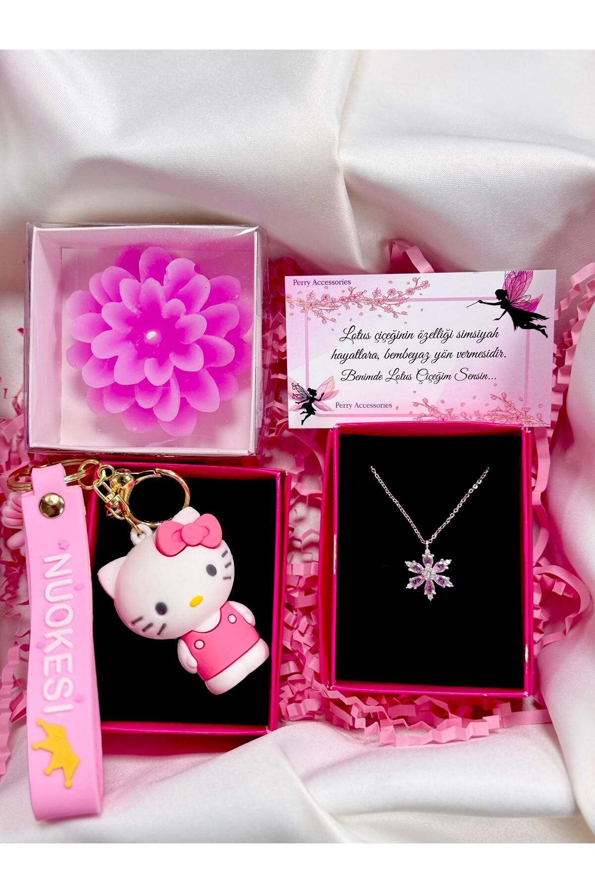 kararmaz çelik lotus kolye, lotus mum ve anahtarlık hediye sepeti sevgiliye hediyelik özel gün set