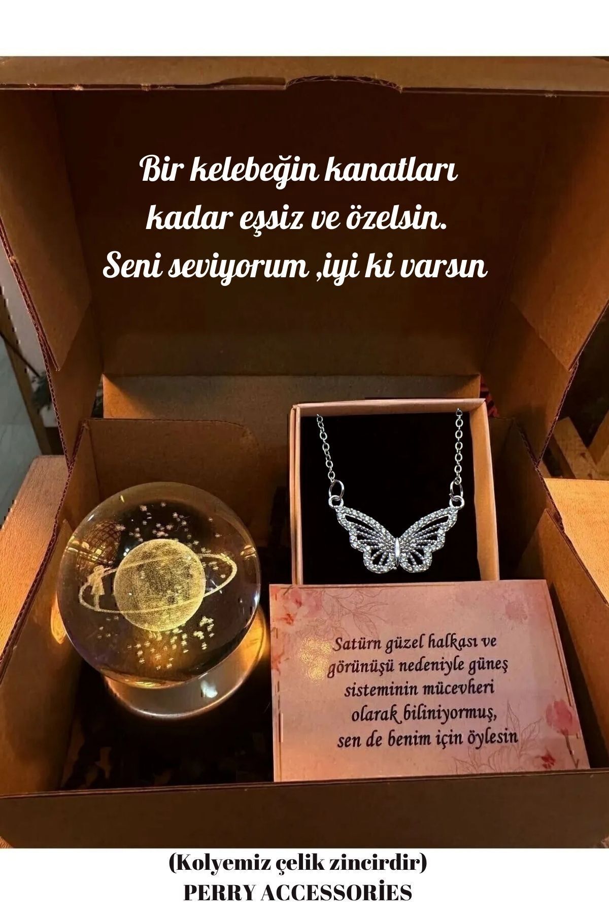 çelik kararmaz KELEBEK kolye ve 3d renk değiştiren satürn kız kar küresi set anneler günü hediye