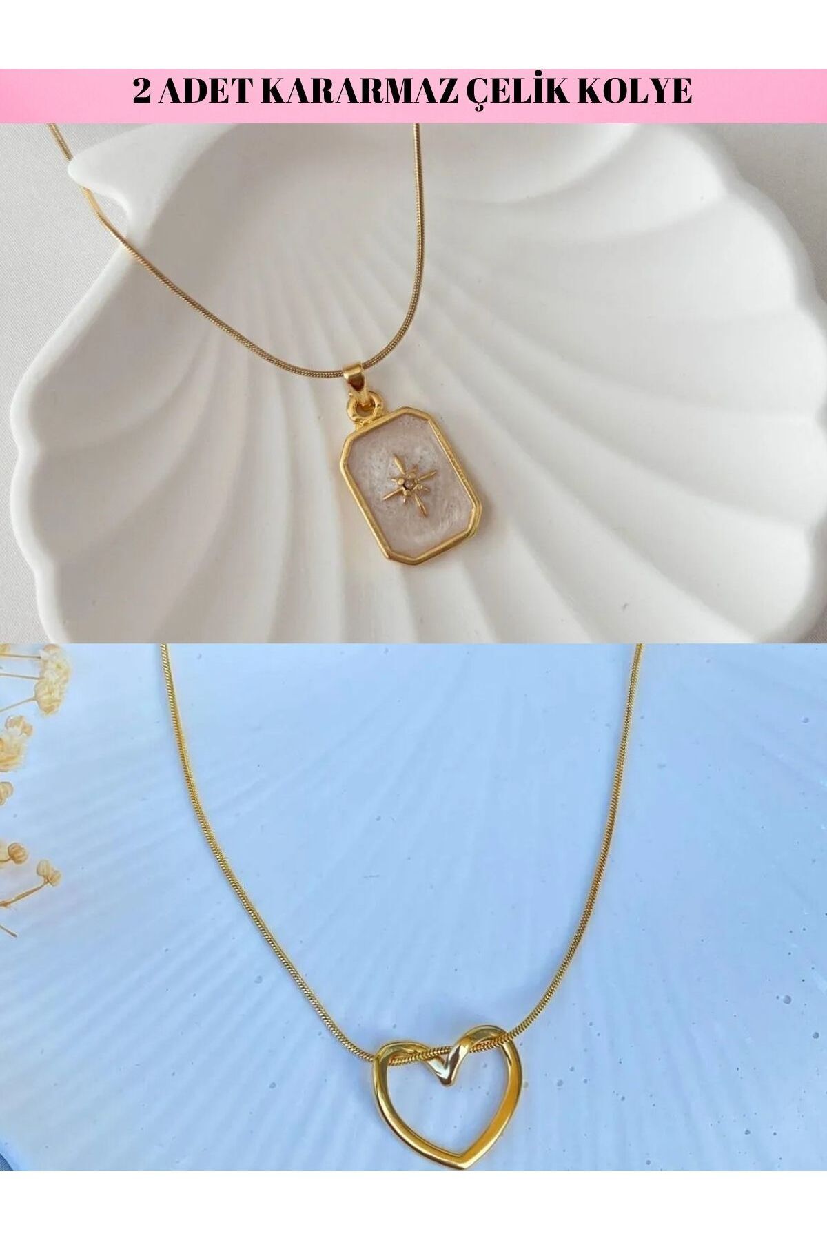 ikili kararmaz çelik kolye kuzey yıldızı kolye ve düğüm kalp kolye gold renk çelik kolye