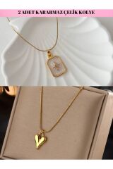 2 Adet Kararmaz Çelik Kolye Kuzey Yıldızı Kolye Ve Düğüm Kalp Kolye Gold Renk Çelik Kolye