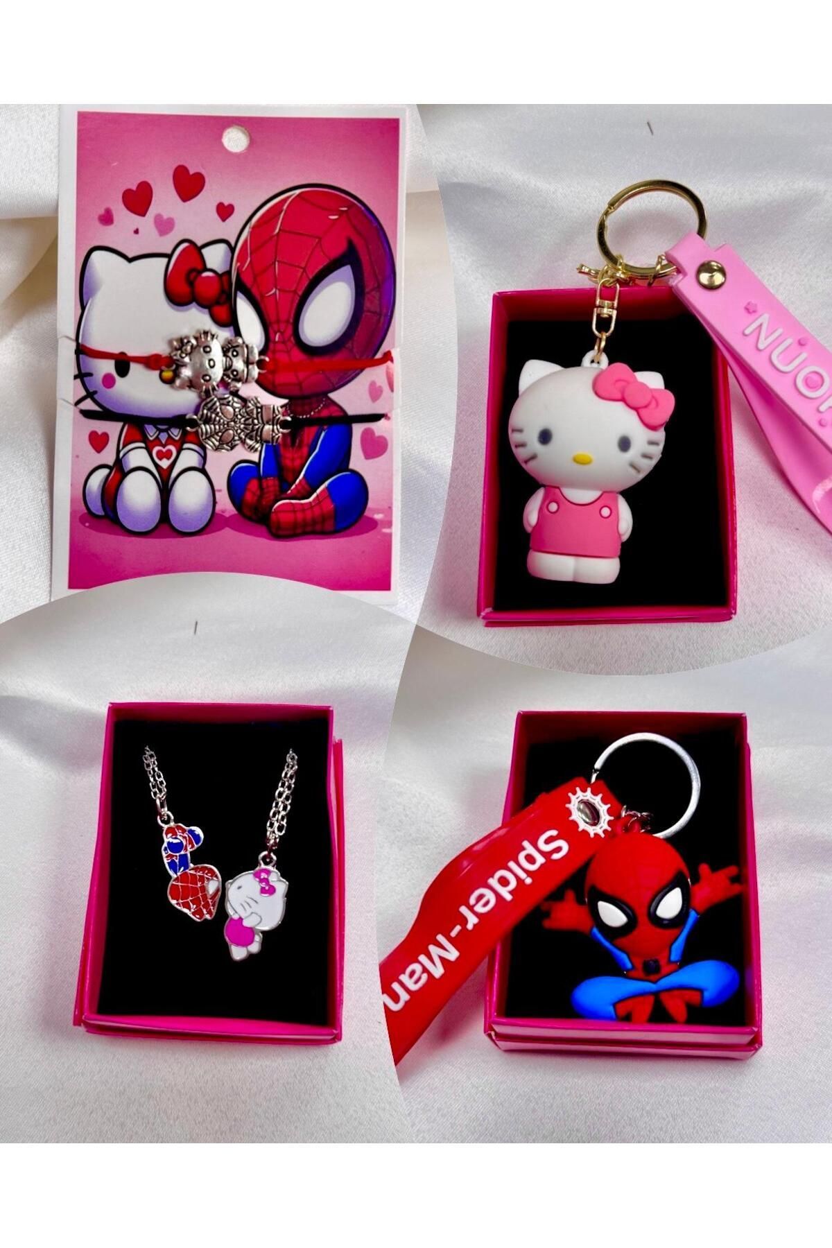 spider mann ve hello citty çift ve arkadaşlık seti anahtarlık , kolye ve bileklik altılı hediye