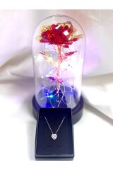 solmayan led ışıklı kırmızı sonsuzluk gülü ve kararmaz çelik zirkon kalpli kolye hediye seti
