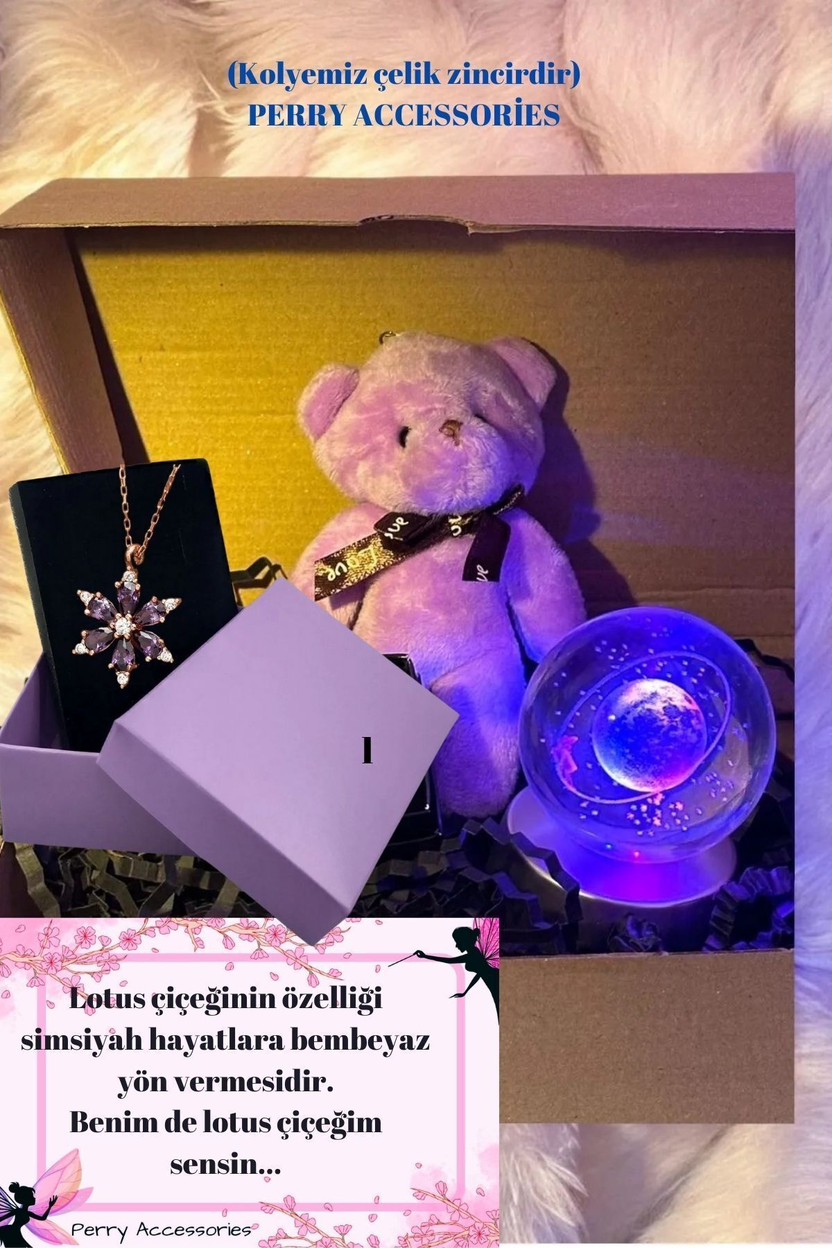 mor ayıcık çelik lotus kolye ve 3d satürn kız kar küresi renk değiştiren küre hediyelik