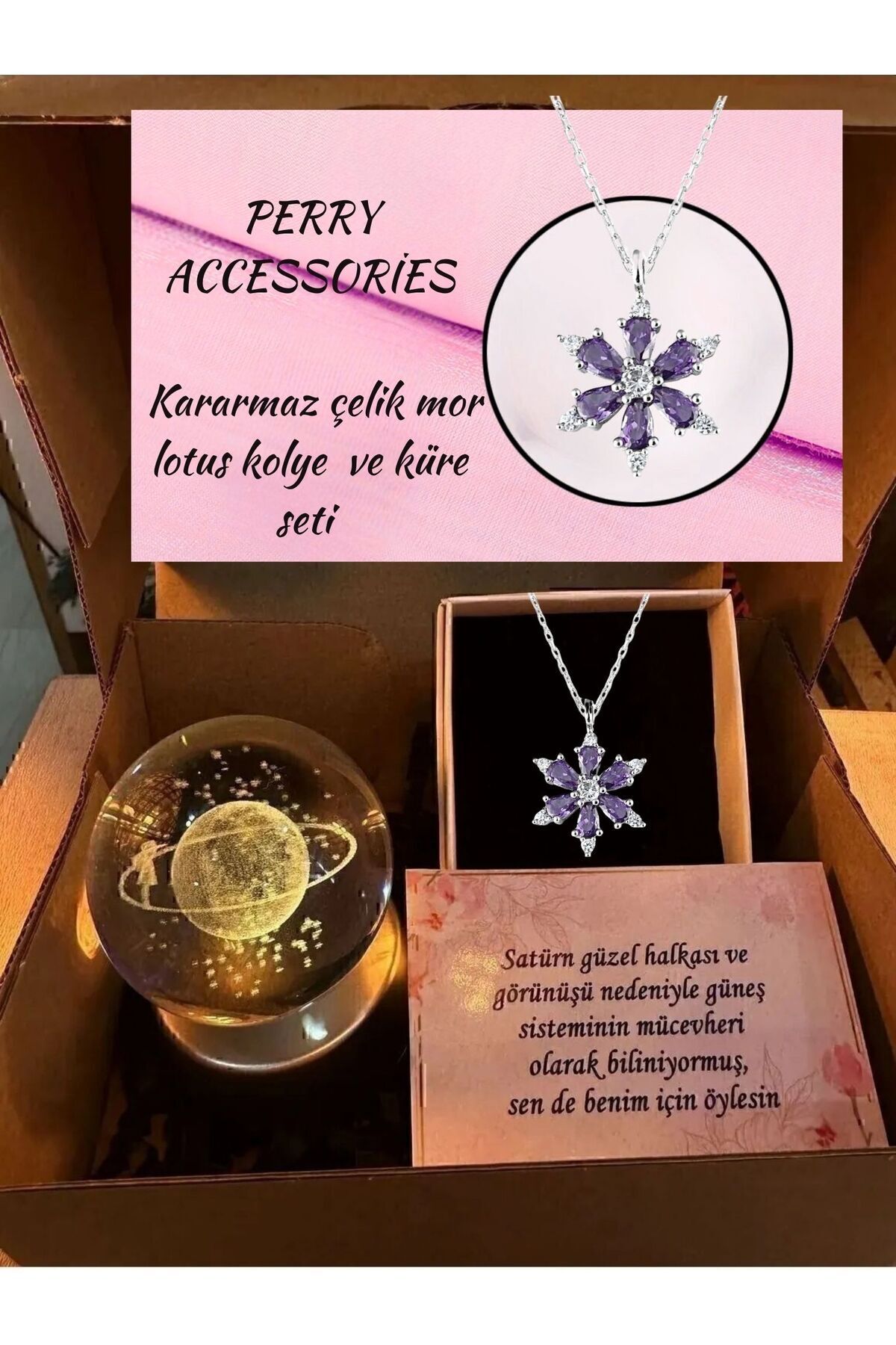 mor ayıcık çelik lotus kolye ve 3d satürn kız kar küresi renk değiştiren küre hediyelik