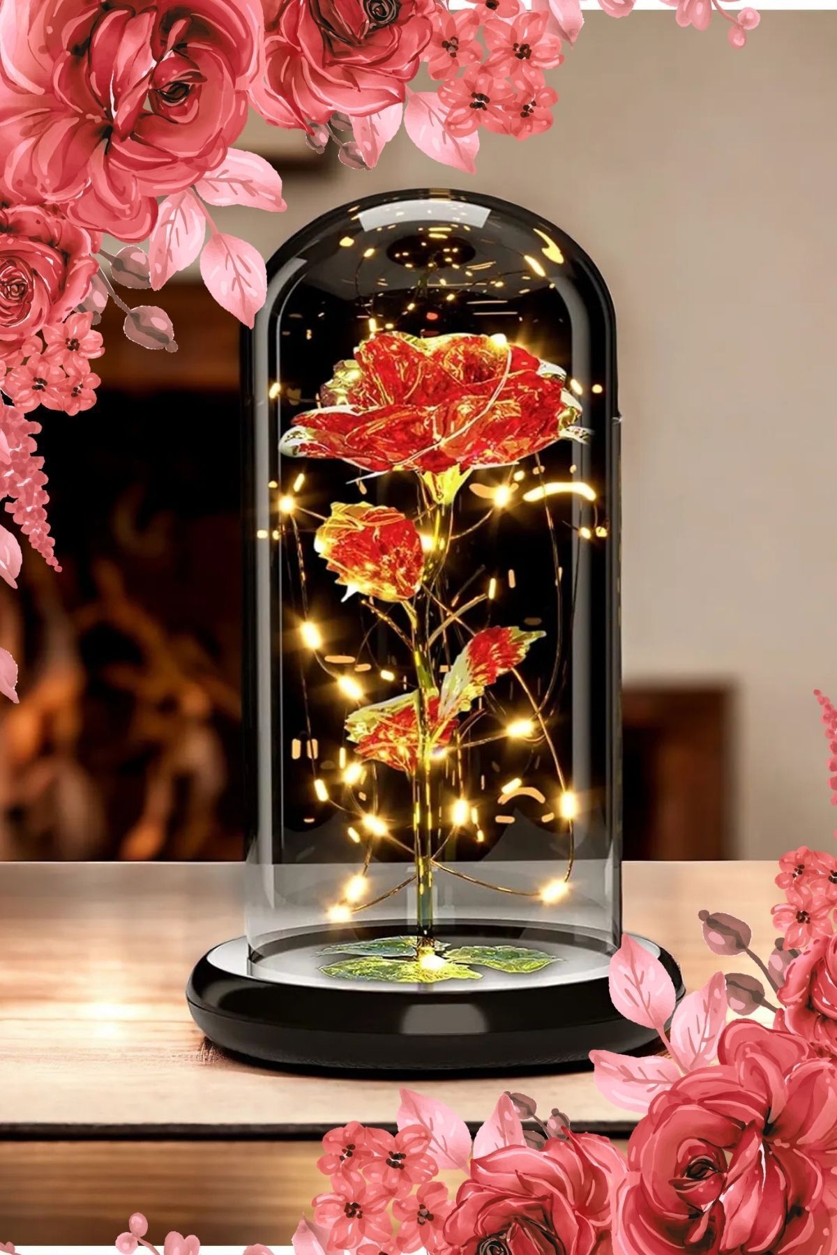Fanus Içerisinde Dekoratif Rgb Peri Led Işıklı Solmayan Sonsuzluk Gülü pembe gül Galaxy Lamba