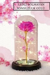 çelik lotus kolye ve fanus içerisinde  pembe solmayan sonsuzluk gülü hediyelik set