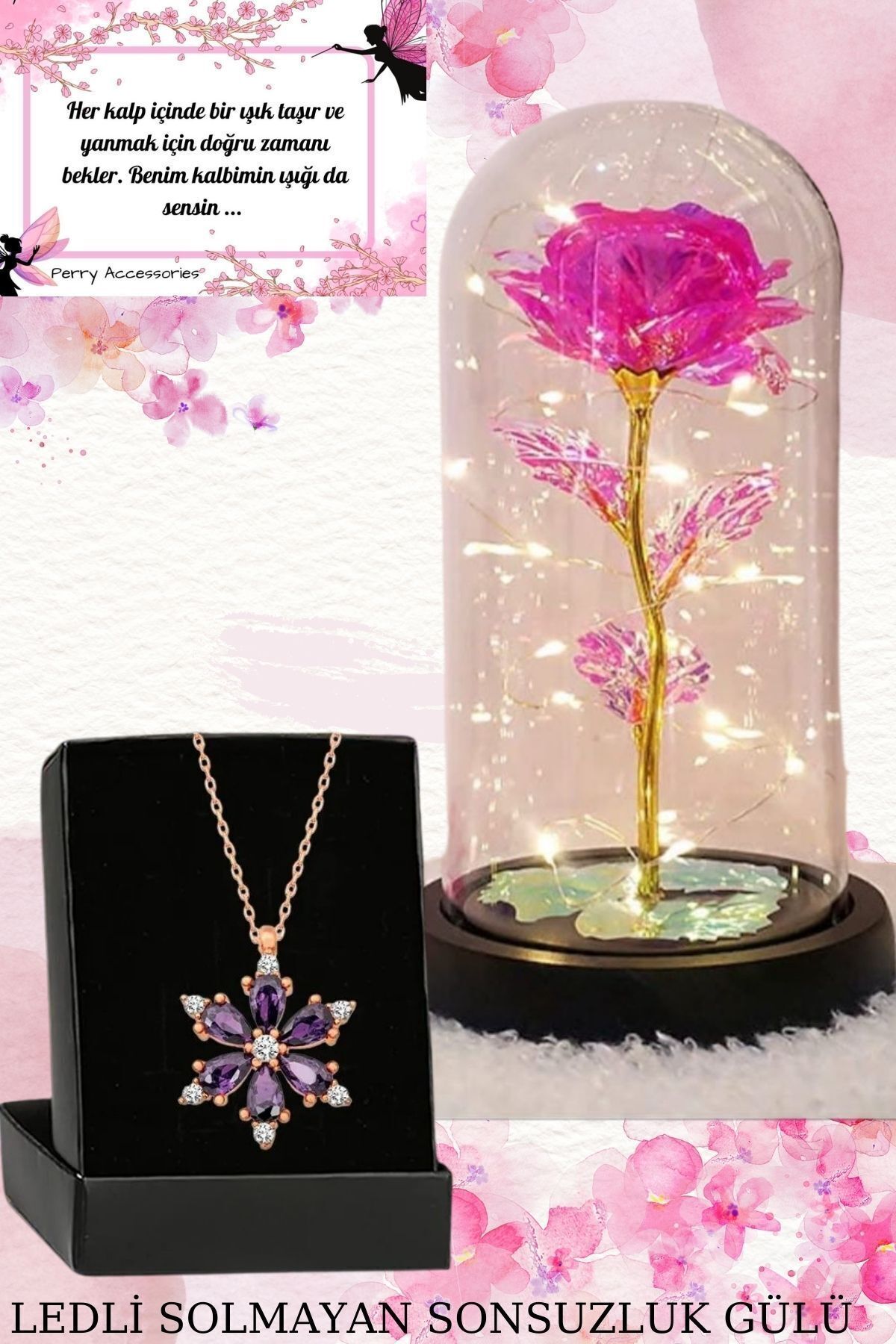 çelik lotus kolye ve fanus içerisinde  pembe solmayan sonsuzluk gülü hediyelik set