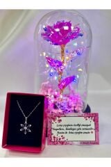 çelik lotus kolye ve fanus içerisinde  pembe solmayan sonsuzluk gülü hediyelik set