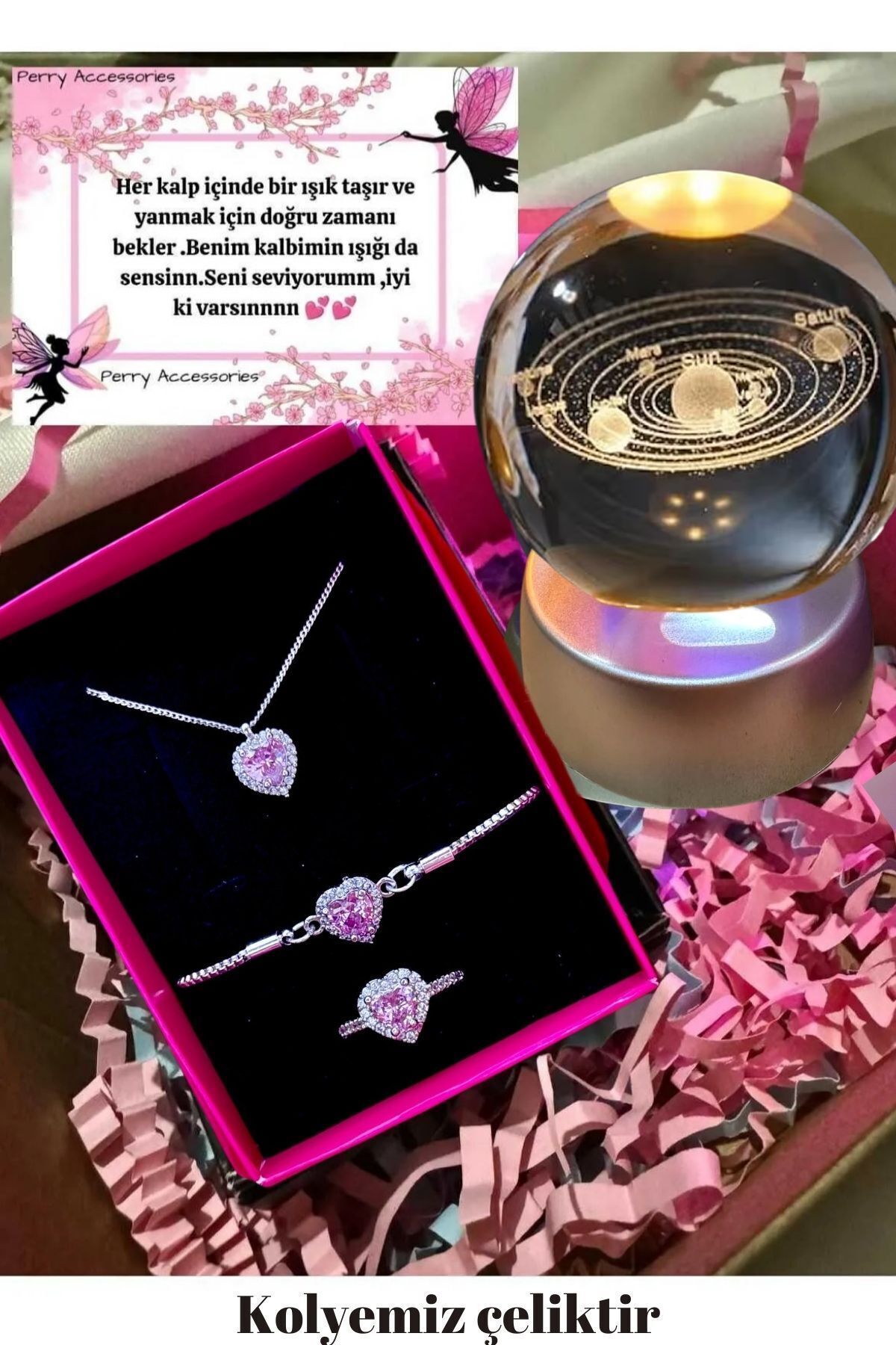 3d  satürn gezegen küre ve çelik pembe kalp kolye bileklik yüzük seti hediyelik set