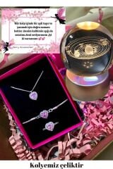 3d  satürn gezegen küre ve çelik pembe kalp kolye bileklik yüzük seti hediyelik set