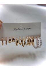 ÇOKLU KOMBİN İNCİ KÜPE SETİ KLİPSLİ VE METAL ARKALIKLI KADIN  HALKA KÜPE SETİ