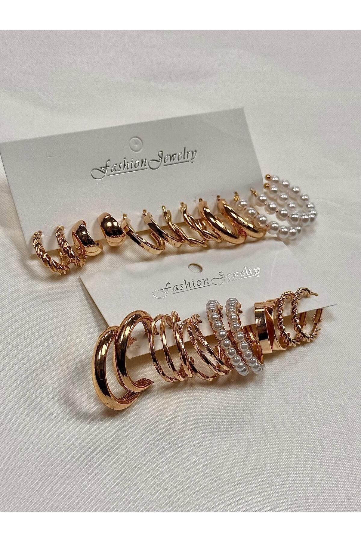 ÇOKLU KOMBİN İNCİ KÜPE SETİ KLİPSLİ VE METAL ARKALIKLI KADIN  HALKA KÜPE SETİ