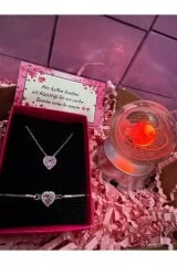 PEMBE  ÇELİK KALP ZİRKON KOLYE VE BİLEKLİK  RENK DEĞİŞTİREN 3D SATÜRN KIZ KÜRESİ SEVGİLİ  HEDİYELİK