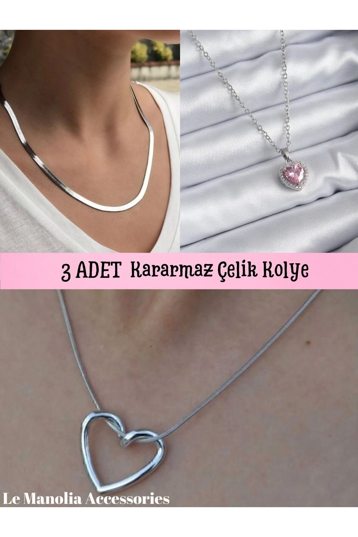 3 ADET ÇELİK KARARMAZ ÇELİK KOLYE KUZEY YILDIZI,İTALYAN ZİNCİR KOLYELER VE DÜĞÜM KALP KOLYE