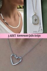 3 ADET ÇELİK KARARMAZ ÇELİK KOLYE KUZEY YILDIZI,İTALYAN ZİNCİR KOLYELER VE DÜĞÜM KALP KOLYE