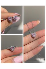 Kararmaz Çelik Pembe Kolye Küpe Yüzük Seti Pembe Zirkon Taş Çelik Kolye Küpe Yüzük Seti