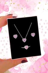 Kararmaz Çelik Pembe Kolye Küpe Yüzük Seti Pembe Zirkon Taş Çelik Kolye Küpe Yüzük Seti