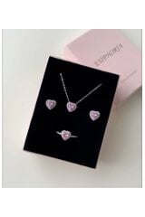 Kararmaz Çelik Pembe Kolye Küpe Yüzük Seti Pembe Zirkon Taş Çelik Kolye Küpe Yüzük Seti