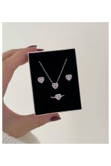 Kararmaz Çelik Pembe Kolye Küpe Yüzük Seti Pembe Zirkon Taş Çelik Kolye Küpe Yüzük Seti
