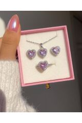 Kararmaz Çelik Pembe Kolye Küpe Yüzük Seti Pembe Zirkon Taş Çelik Kolye Küpe Yüzük Seti