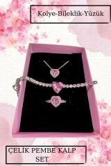 PEMBE KALP ÇELİK KOLYE BİLEKLİK YÜZÜK KOMBİN SETİ SEVGİLİ HEDİYELİK YILDÖNÜMÜ HEDİYE KONSEPT HEDİYE